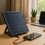 USB solar charger powering phone and tablet on desk