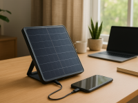 USB solar charger powering phone and tablet on desk