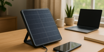USB solar charger powering phone and tablet on desk