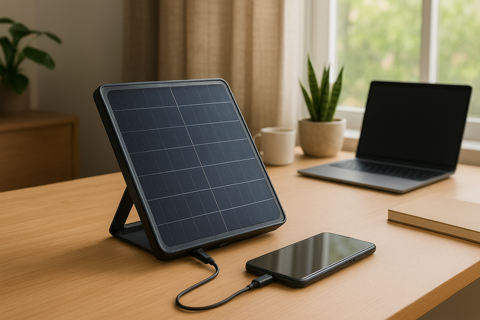 USB solar charger powering phone and tablet on desk