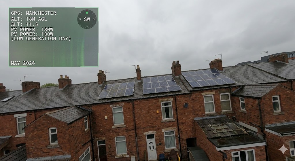 Overcast rooftop solar panel installation in Manchester