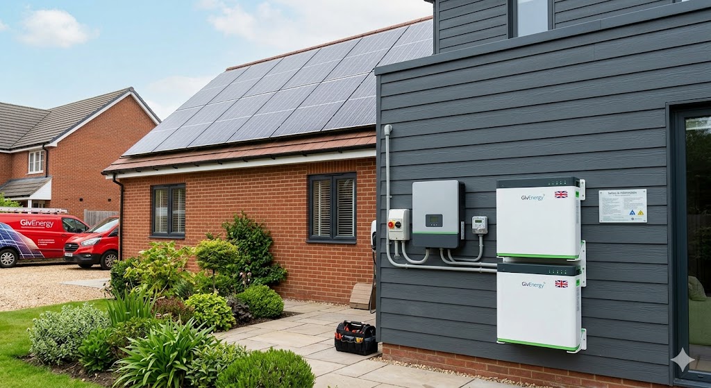 solar battery storage UK installed on a modern home wall next to solar panels
