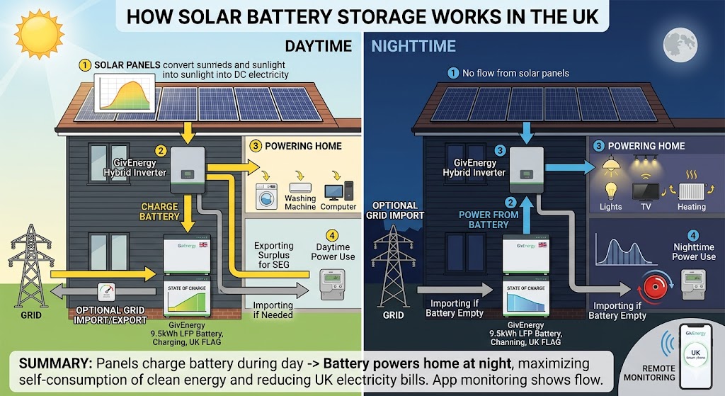 how solar battery storage UK works — panels charge battery during day, powers home at night