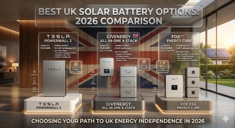 best solar battery storage UK options 2026 — Tesla Powerwall, GivEnergy and Fox ESS compared side by side